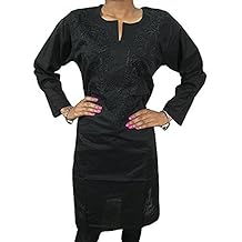 Mogul Women's Indian Tunics Dress Floral Embroidered Black Cotton Kurta S/M