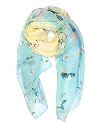 YOUR SMILE Lightweight Scarves: Fashion Flower Print Shawl Wrap For Women For Spring Season (Beige/Blue Butterflt)