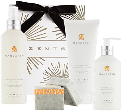 Zents Deluxe Bath Gift Set, Mandarin, Ageless Moisture Wash, Concreta, Lotion, and Body Oil, 4 - Piece Set
