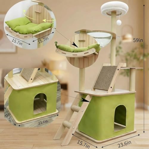 Cat Tree Top 150 cm with 1 Space Capsule, 1 Cat House, 1 Cat Scratching Board, 1 Cat Hammock, 1 Plush Jumping Platform, 1 Toy Ball, 1 Green Cushion (Green)