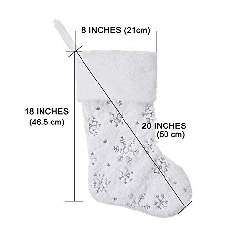 GMOEGEFT Snowy White Faux Fur Christmas Stocking with Sparkly Silver Snowflake Sequins, Xmas Sock Mantle Hanging Ornament, Holiday Decoration
