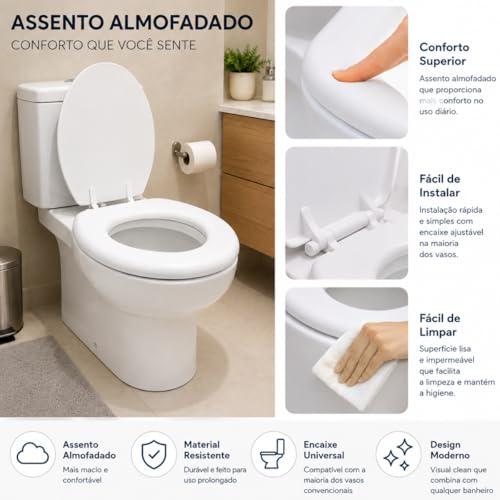 Assento Sanitário Almofadado Premium – Conforto Extra, Formato Oval Universal, Tampa com Fechamento Suave