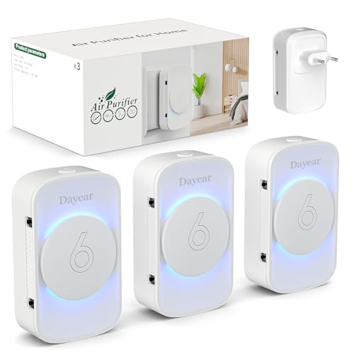 Dayear Air Purifier, No Filter, Negative Ion Purification 3 Pieces | Plug and Play Air Purifier, Air Ionizer for Pet Room, Bedroom, Home, Living Room, 3 LED Lighting Modes, ABS 94V0