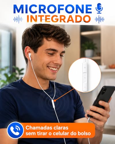 Fone de Ouvido com Microfone e Controle de Volume; Compativel com Android; IOS; Redução de Ruído; Ligações; USB TIPO-C — Branco