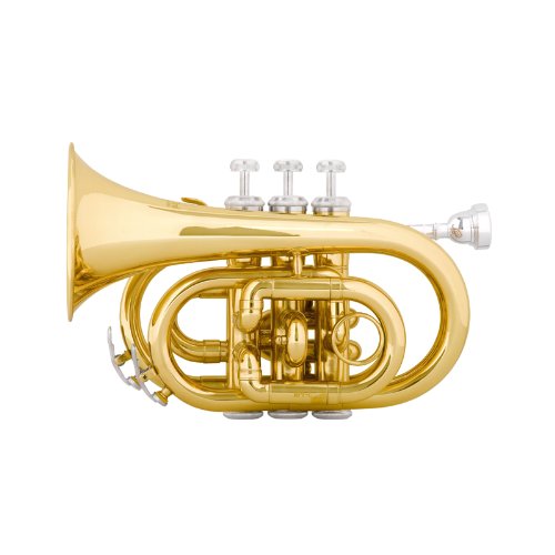 Mendini MPT Brass Bb Pocket Trumpet + Tuner, Case, Mouthpiece, More (Gold)