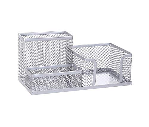 Mesh Desk Office Organizer, Mesh Office Stationery Desk Tidy Organiser 3 Storage Compartment Metal Pen Holder Office Supplies Caddy for Paper Clip, Sticky Note, Pen(3 Compartments, Silver)