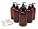 Baire Bottles 16 oz Empty Refillable Plastic Pump Bottles Dispenser 6 Pk PET BPA Free Refillable Containers Shampoo Lotion Oil Soap Waterproof Labels USA (Amber/Brown with Black Pump, Floral Labels)