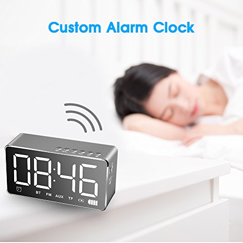 Alarm Clock with Bluetooth Speaker 4.2 and Large Mirror, XIAOKOA Portable Wireless Stereo Sound Speaker Built-in TF Card,FM Radio,Handsfree Calling, LED Nightstand Clock and LED Dimmable Display