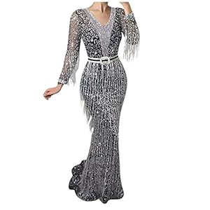 GOUWAN Feestjurk voor dames, cocktailjurk, feestelijk, glitterjurk, getailleerde jurk, lange mouwen, business, elegante…