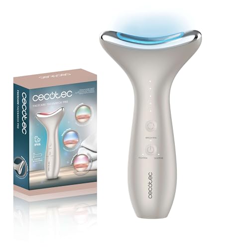 Cecotec FaceCare Face & Neck Pro Elektrisches Gesichtswasser, Gesicht und Hals, gebogene Form und Kopf aus Aluminium, 3 Modi, LED-Licht, rot, blau und grün, 5 EMS-Stufen, Vibration, Wärme, IPX6