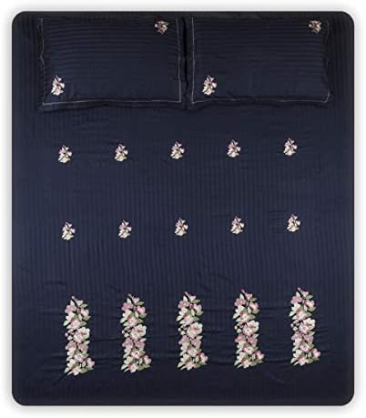Our Linen Closet 300 TC, 100% Cotton, Floral Buta Embroidery on Navy BlueSelf Striped Fabric 1 Super King Size 108 * 108 inch bedsheet, 18 * 27inch 2 Pillow Covers 310814