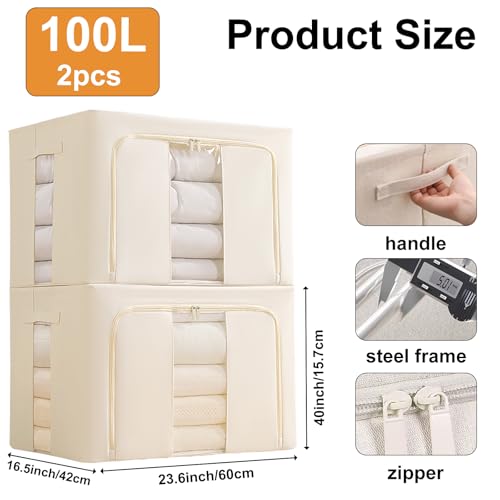Clothes Organizer, 2 Pack Foldable Metal Frame Clothing Storing Bins with Double Visable Window, Large Capacity Cloth Container with Reinforced Handles, Storage Box, (Cream Yellow) (100L)