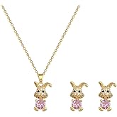 Dtja Gold Rabbit Stud Earrings Crystal Bunny Animal Pendant Necklace Jewelry Set for Women Stainless Steel Hypoallergenic Dainty Pink CZ Birthstone Adjustable Charm Chain 18" Birthday Jewelry Gifts