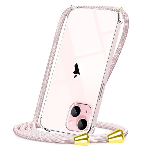 CAROKI Hands-Free Crossbody Case for iPhone 15 Plus, Clear Shockproof Protective Cover with Adjustable Rose Gold Lanyard Neck Strap, Slim Soft TPU Phone Holder for iPhone 15 Plus (6.7"), Rose Gold