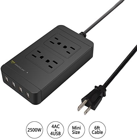 Power Strip Surge Protector, 4 AC Outlets(250V/10A) + 4 Smart Charge USB Ports(5V/2.4A) and 6ft Power Cord, Mini Switch Control Charging Station and Phone / Tablet for Home, Office and Travel - Black
