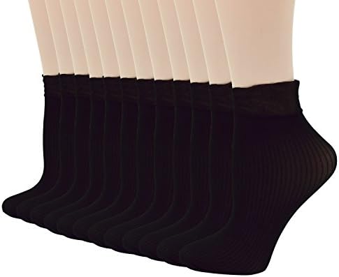 Fitu Women's 12 Pairs Silky Lace Trim Sheer Ankle High Nylon Tights Hosiery Colorful Socks (Black)