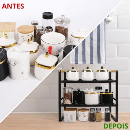 Prateleira Organizadora de Cozinha 2 Andares 33x33x20cm | Organizador de Armário Aramado em Metal Resistente com Cabo de Madeira Antiferrugem para Louças e Utensílios (Preto)