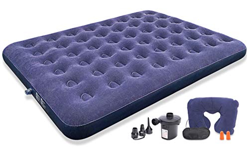 Bedped Gift Queen Air Mattress with Electric Pump – Best Portable Blow Up Mattress for Camping to Gifting Eye Mask, Pillow, Ear Plugs – Double Size Inflatable Air Bed with Repair Patches