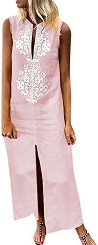 WEISUN Linen Maxi Dress Printed Sleeveless Dress Maxi O-Neck Split Hem Baggy Kaftan Women Long Dress