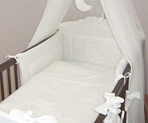 5 Piece Baby Cot/Bed Bedding Set - Broderie Anglaise Moon (to fit cot 120 x 60 cm, White)