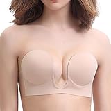 ZOINDSC Push up Plunge Invisible U Plunge Bras Strapless Backless Self Adhesive Reusable Silicone Sexy Bras for Women(U-Nude-D)