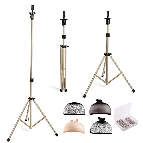 HYOUJIN Golden Wig Stand Metal Adjustable Mannequins head Wig Head Training Head Cosmetology Hairdressing Tripod Stand for Hair Extensions Canvas Block Wig Head （Golden）