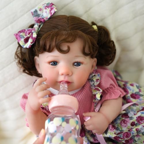 Boneca Bebê Reborn Realista Silicone 48cm Presentes para Meninas | Cabelo Implantado Olhos Azuis Vestido Rosa com Chupeta Magnética