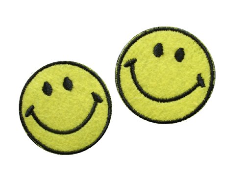 SMILEY Iron On Patch * Lot of 2 pieces * Applique Motif Fabric Smiling Emoticon Decal dia. 1.6 inches (4 cm) - Thumbnail 2