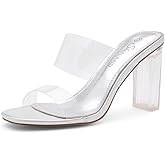 Shoe Land Clear Heels for Women | Transparent Two Strap High Block Chunky Heeled Mules | Slip-On Dressy Clear Sandals for Prom, Wedding, Party & Formal Events