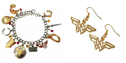 J&C Family Owned Comic Book Theme The Amazonian Wonder Woman Logo Bracelet and Wonder Woman Logo Dangle Earrings 2-Pack Bracelet and Earring Gift Sets /Gift Wrapped