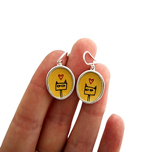 Mark Poulin Orange Love Cat Earrings 925 Dangle Funny Shifty Kitty Jewelry Gift For Her - Tabby Cat Earrings