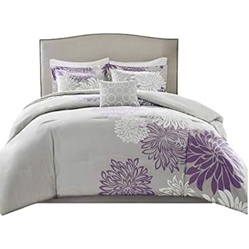 Comfort Spaces Enya 5 Piece Comforter Set Ultra Soft Hypoallergenic Microfiber Floral Print Bedding, Full/Queen, Purple/Grey