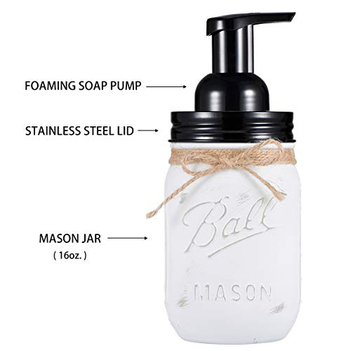 Mason Jar Foaming Soap Dispenser - with 16 Ounce Painted Ball Mason Jar for Bathroom Vanities,Kitchen Sink,Countertops - Made from Rust Proof Stainless Steel Lid and BPA Free Pump / White,2-Pack