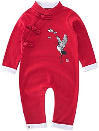 StylesILove Baby Toddler Boys Chinese Traditional Asian Design Long Sleeve Romper (70/6-12 Months, Red)