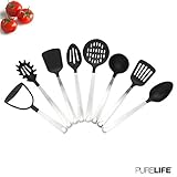 Kitchen Utensil Set 8 Pcs By PureLife - Stainless Steel Cooking Set W/Nylon Heat Resistant | Include Spatula, Spaghetti Server, Potato Masher, Serving Spoon, Turner, Ladle, Skimmer & Slotted Spoon