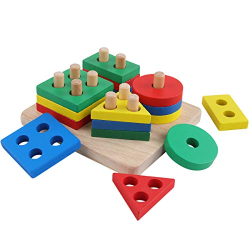 GEMEM Wooden Educational Shape Color Recognition Geometric Board Block Preschool Puzzle Board Toddler Toy Stacking Cups Baby Toys for 2 3 4 5 Years Old Boys and Girls