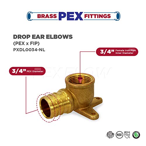 Pexflow PXDL0034-5 PEX Barb X FIP 90 Degree Drop Ear Elbow Pipe Fitting, 3/4x3/4, Brass, Pack of 5