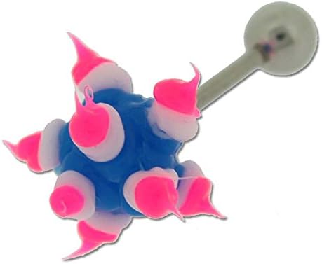 Surgical Steel Barbell Tongue Ring with Blue White &amp; Pink Silicon Spikey Ball
