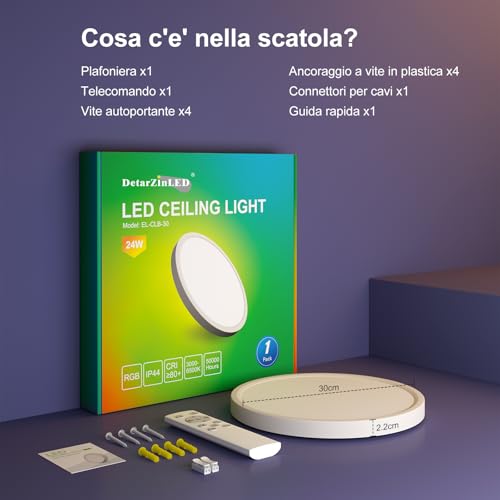 DetarZinLED 2 LED Ceiling Light Bedroom Ceiling Light 24W 2700LM 30 cm Round Dimmable Ceiling Light with Remote Control Bathroom IP44 Waterproof Colorful RGB Lights for Indoor Hallway