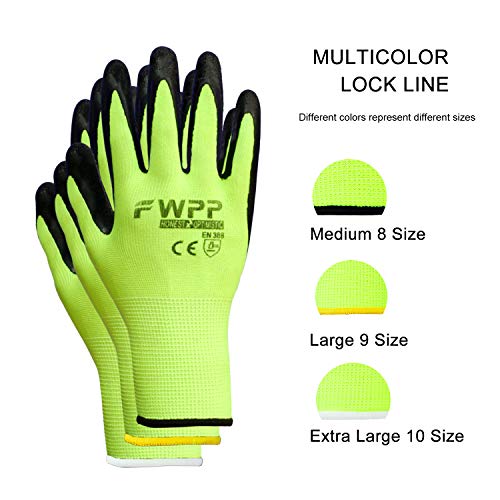 FWPP High Visibility Nylon Latex Wrinkle Coated Work Gloves,Breathable Soft Wearproof Non-slip Comfortable Safety Protective Glove,Pack of 6Pairs Extra Large, Fluorescence Yellow - Thumbnail 4