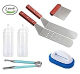 7-Piece Professional Grade Stainless Steel BBQ Grill And Griddle Spatula Set Great For Blackstone, Camp Chef And Other Flat Top Griddles (2 Spatulas, 1 Scrapper, 1 Tong, 1 Scrub Brush, 2 Bottles)