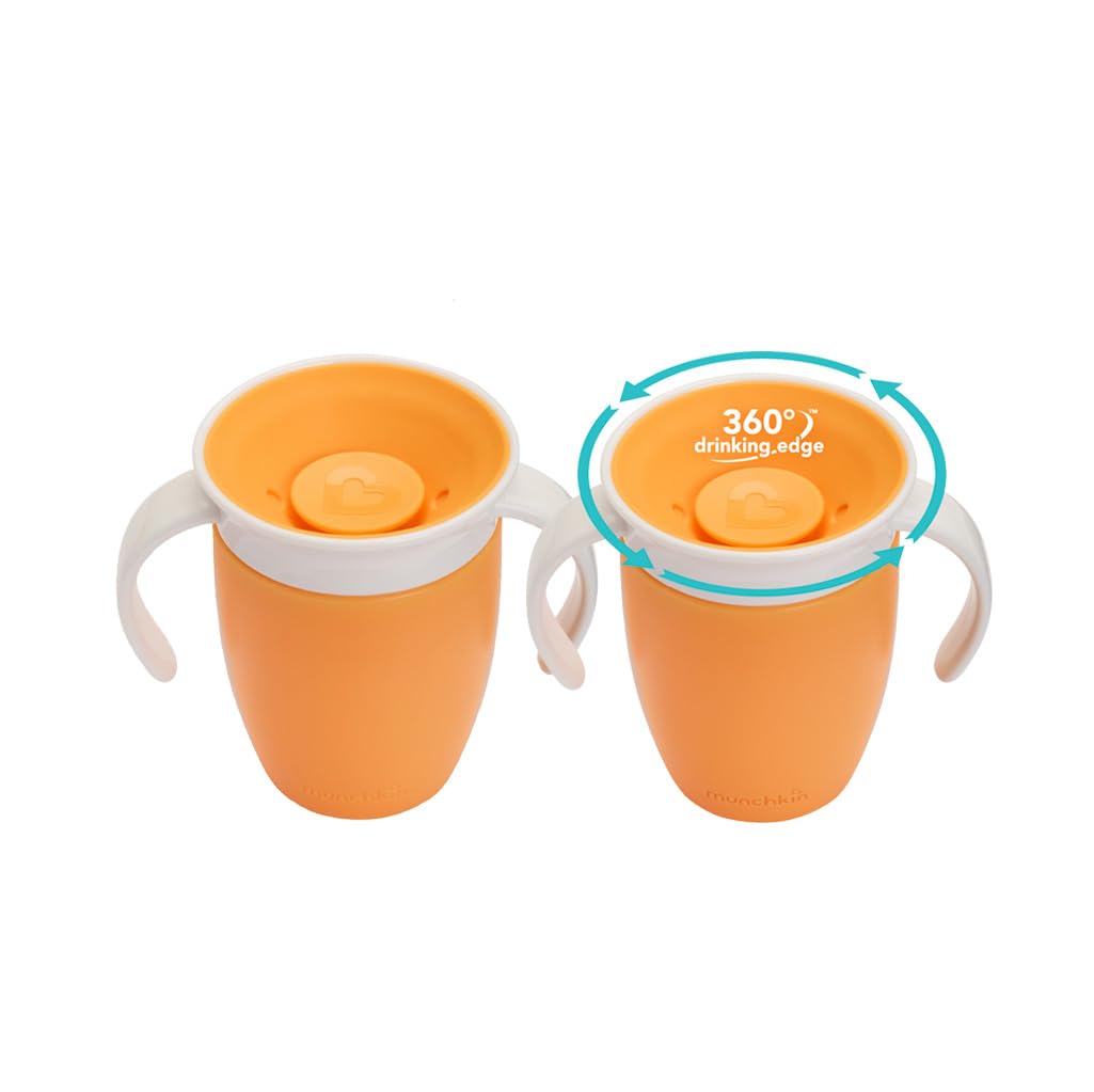 Munchkin Miracle 360 6+ Months Baby Sippy Cups | Free Flow Beaker for Toddlers |Trainer Cup | BPA-Free | Spill-Free | Dishwasher-Safe | Baby Water Bottle with Easy-Grip Handles | 207ml | Orange