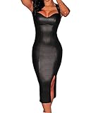 Sexy Womens Black Faux Leather Key-hole Back Padded Low V Neck Midi Dress