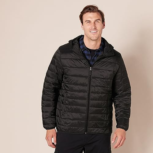 Amazon Essentials Men's Lightweight WaterResistant Packable Hooded Puffer Jacket, Black, Large