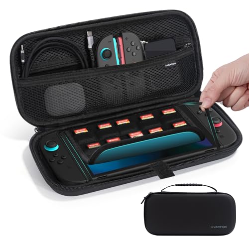 LENTION Capa para Switch 2 com Caixa de Proteção, Resistente à Água, Capa Rígida, Acomoda 10 Cartões de Jogo, Leve com Alça, Bolsa de Malha para Acessórios (Exclusivo para Switch 2, (Preto)