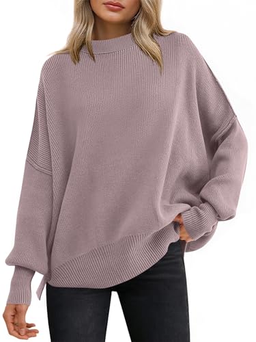 ANRABESS Women Oversized Sweaters Batwing Long Sleeve 2025 Fall Outfits Crewneck Casual Knit Side Slit Fashion Pullover Top