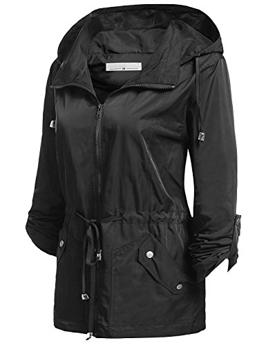 Elever Women's Detachable Hooded Drawstring Anorak Military Utility Jacket Black L - Thumbnail 2