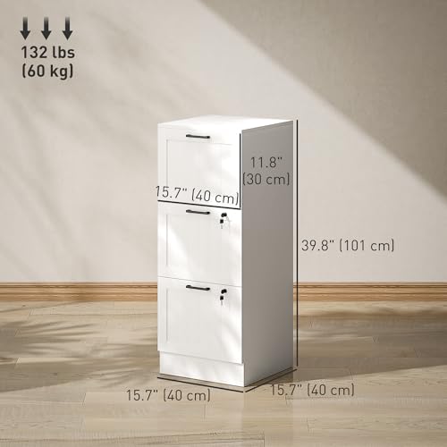 HOMCOM 3 Drawer File Cabinet with Lock, Vertical Filing Cabinet with Adjustable Hanging Bars for A4 and Letter Size File Folders, Printer Stand with Storage for Home Office, White