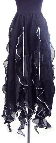 Performance Belly Dance Tango Salsa Long Chiffon Sequin Edge Ruffle Skirt - BLACK