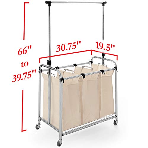 Seville Classics Laundry Hamper Sorter Cart Mobile Premium 3Bag with